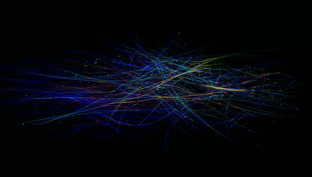 Multicolor Neon Light Fibers Intertwining Across Dark Canvas with Glowing Particle Sparks