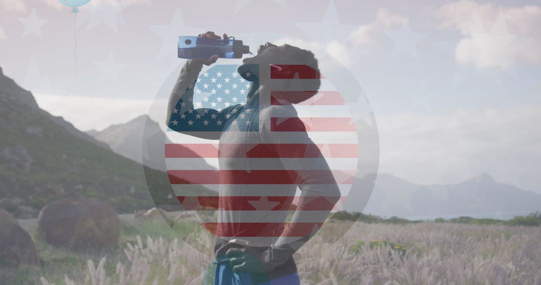 Silhouette of Man Drinking Water with American Flag Overlay