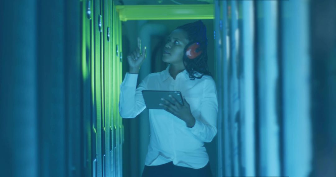 Female IT Technician Inspecting Server Room with Tablet and Earmuffs