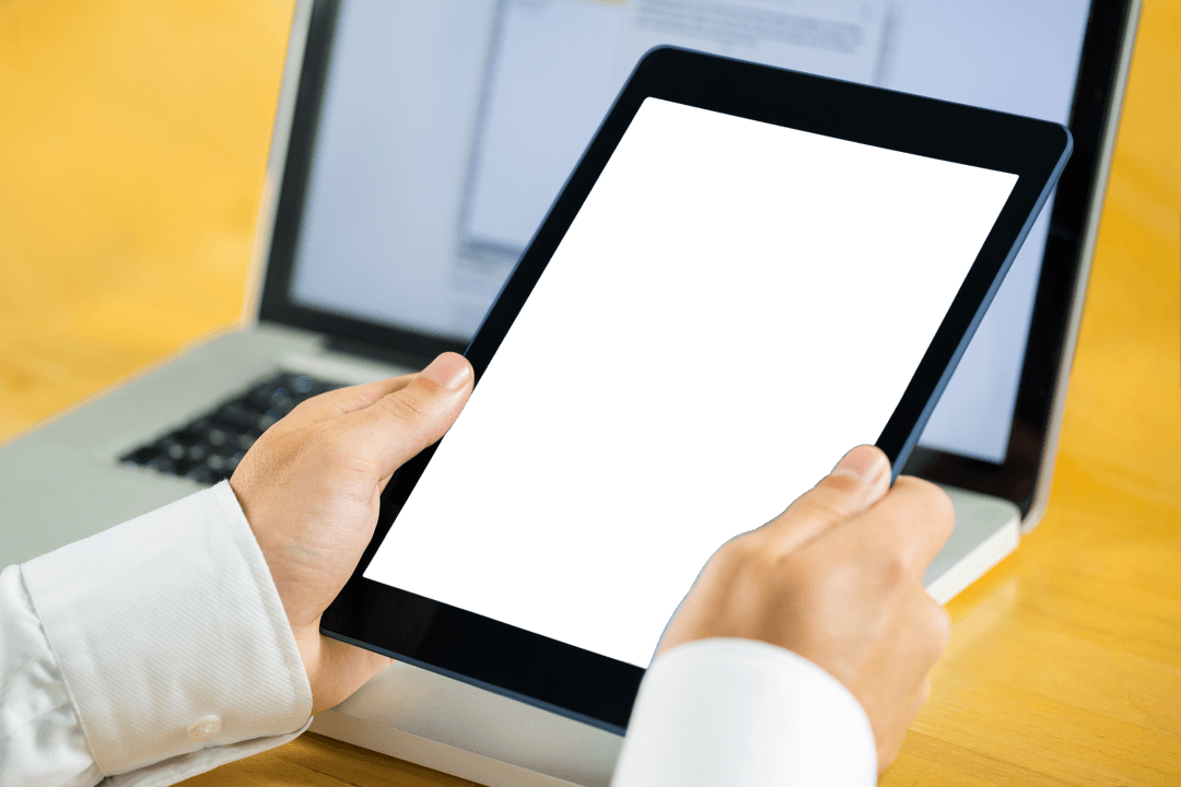 Caucasian Businessman Holding Tablet with Transparent Copy Space