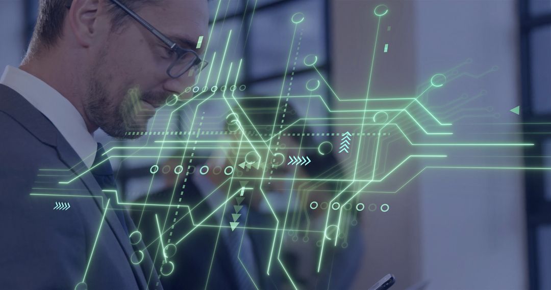 Futuristic Executive Analyzing Digital Tablet with Holographic Display