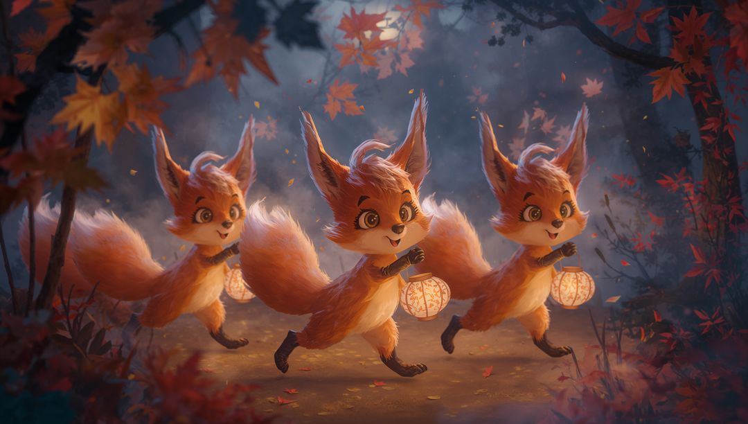 Three fox kits carrying glowing lanterns through moonlit autumn forest with falling maple leaves