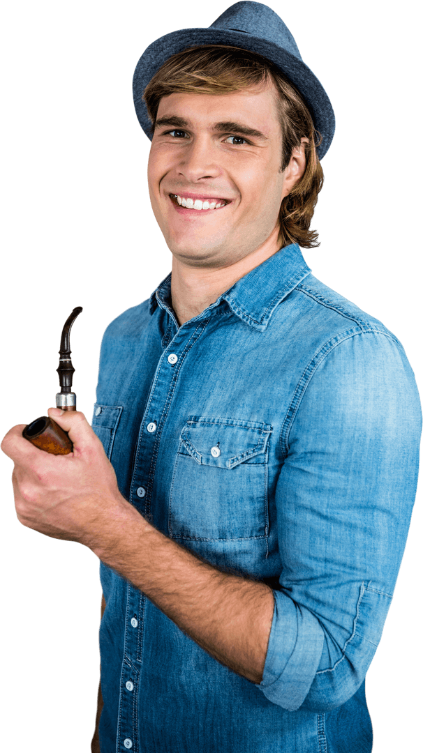 Cheerful Young Man Holding Pipe in Transparent Background