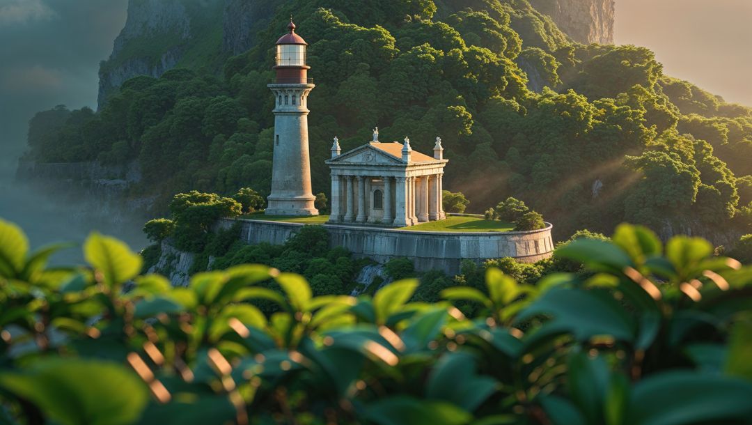 Tranquil lighthouse and temple on forest cliff near trieste, italy