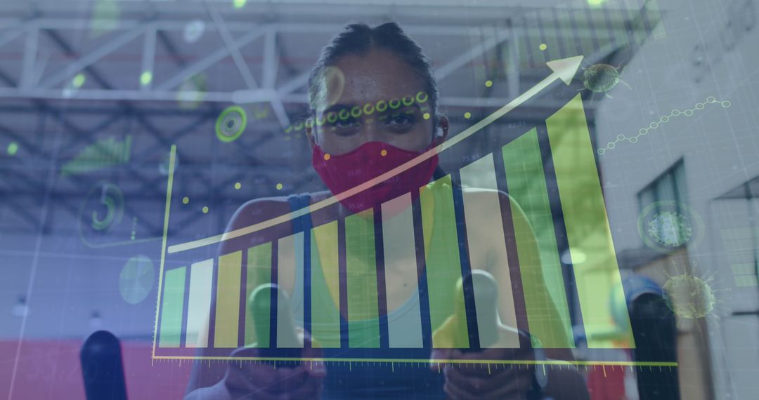 Woman exercising with face mask and overlaid covid-19 graphs