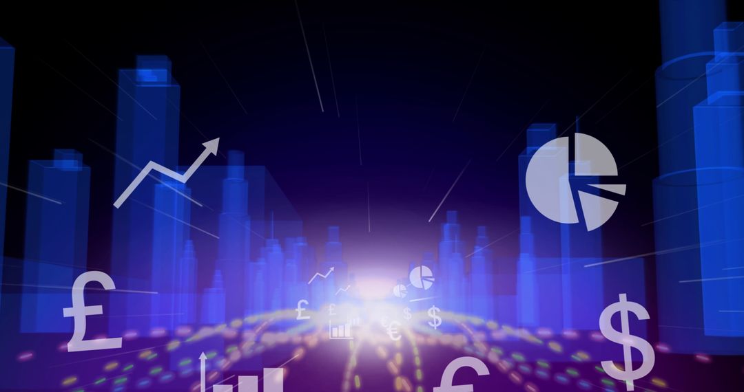 Metaverse City with Digital Graphs and Currency Symbols in Virtual Reality