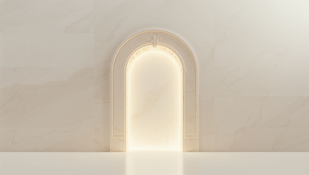 Luminous arched doorway with elegant molding in marble interior