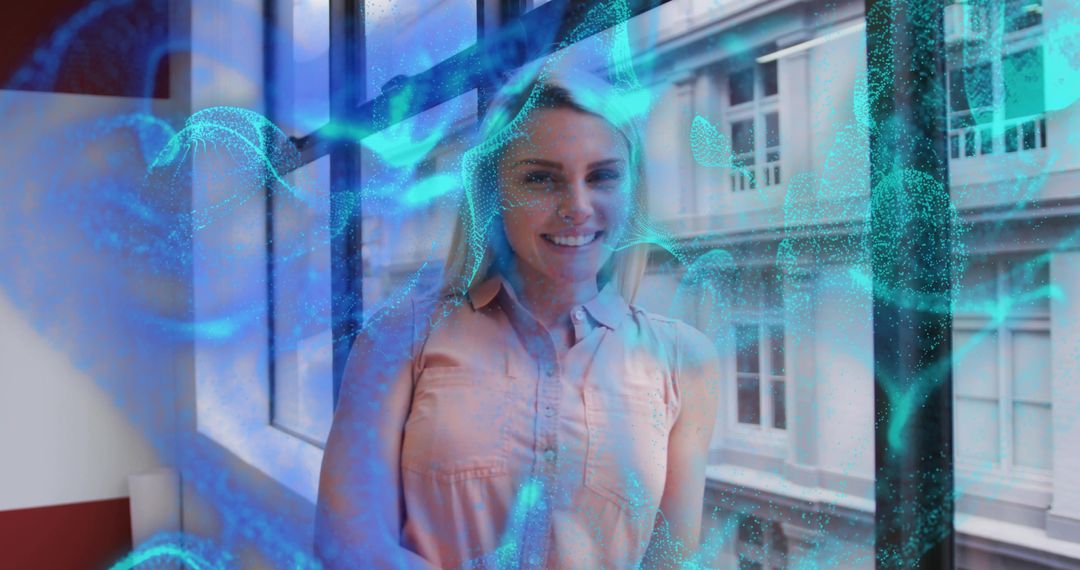 Smiling Woman in Office with Futuristic Tech Overlay