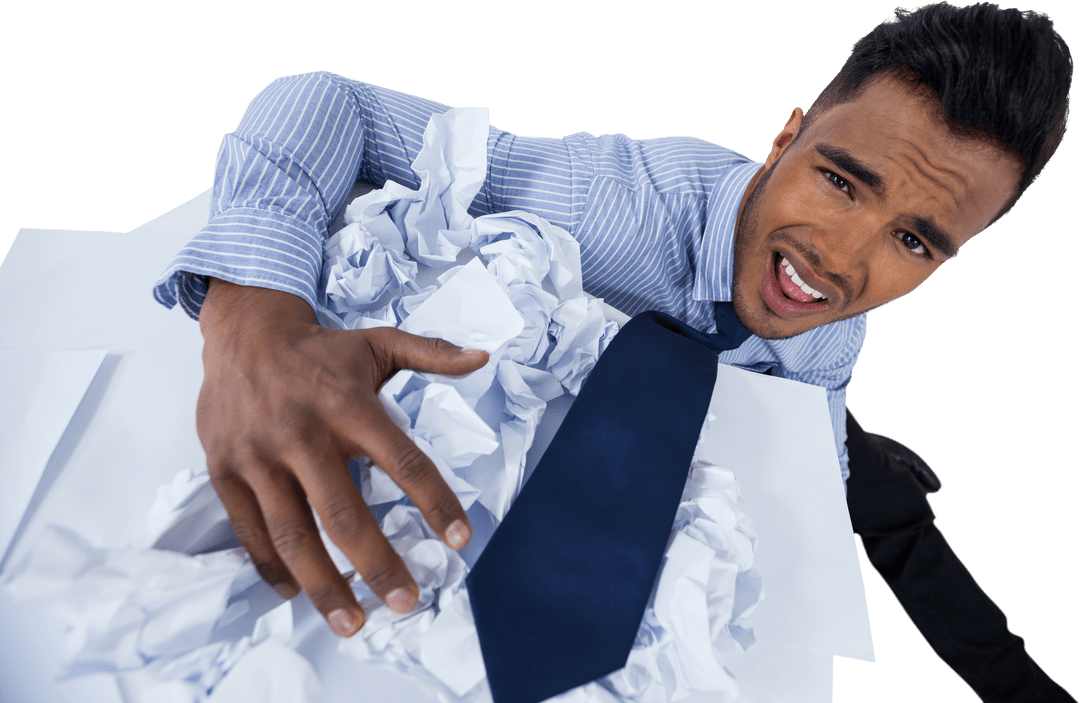 Transparent Struggling Businessman in Pile of Crumpled Paper