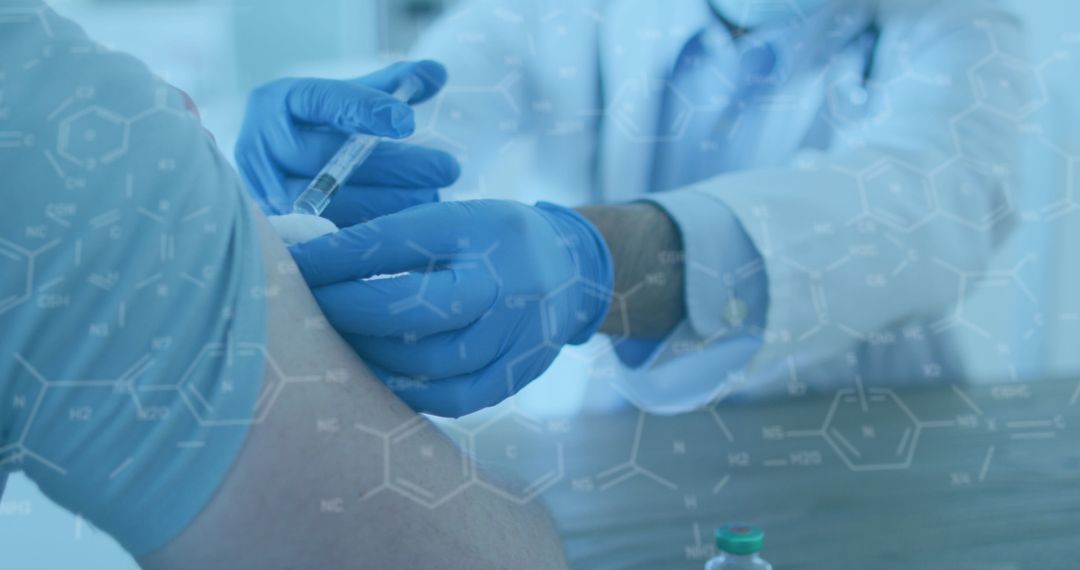 Doctor Administering Vaccine to Patient with Abstract Chemistry Overlay