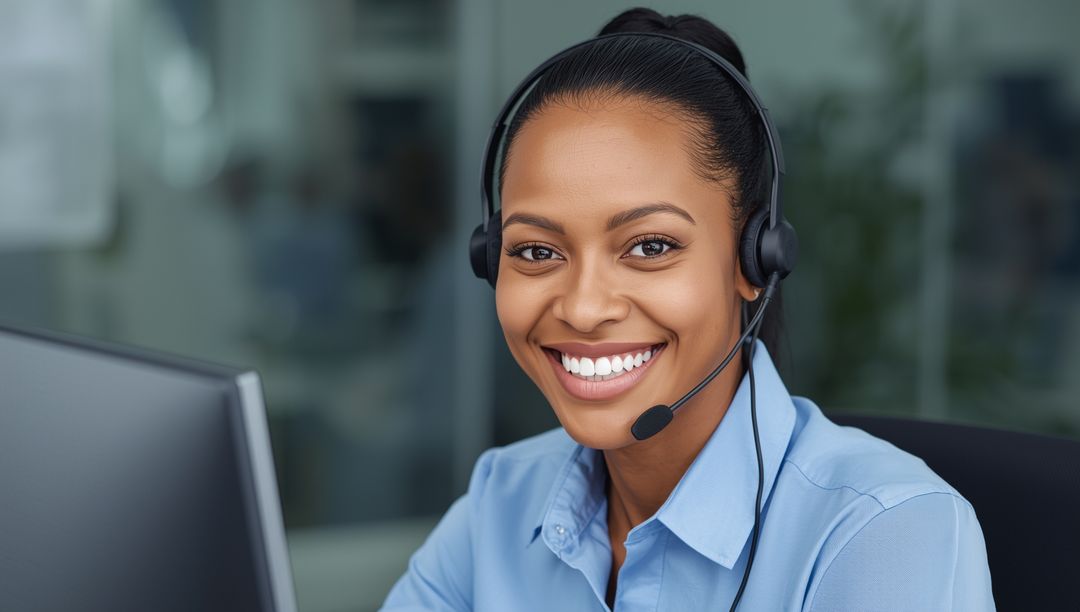 Smiling Customer Support Representative at Desk with Headset