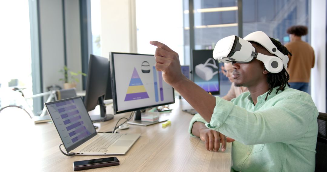 Office Worker Using VR Headset for Digital Interaction