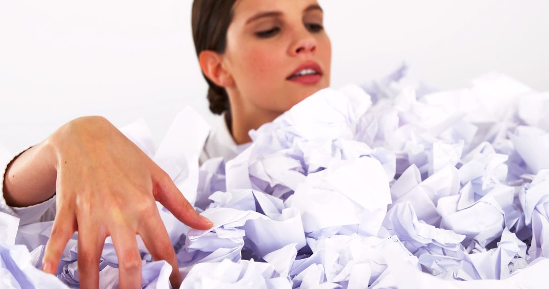 Overwhelmed Woman Sifting Through Crumpled Papers in Office - Free Images, Stock Photos and Pictures on Pikwizard.com