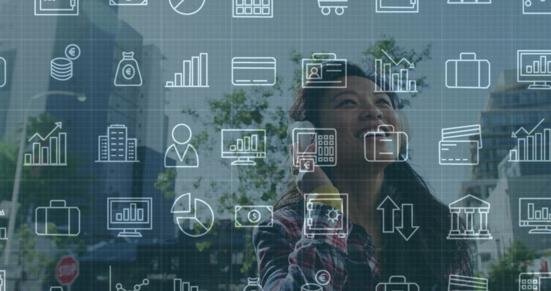 Businesswoman Using Smartphone with Financial Icons Overlay in Cityscape
