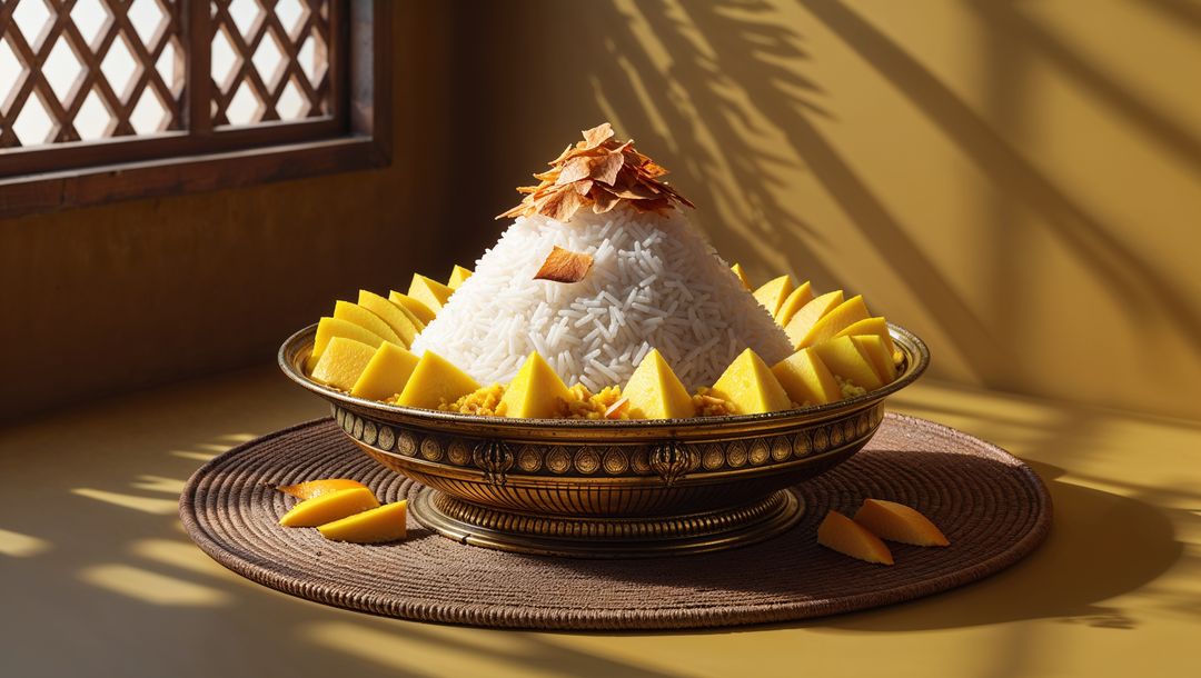 Asian cuisine rice pyramid with mango in modern setting, vishu festival