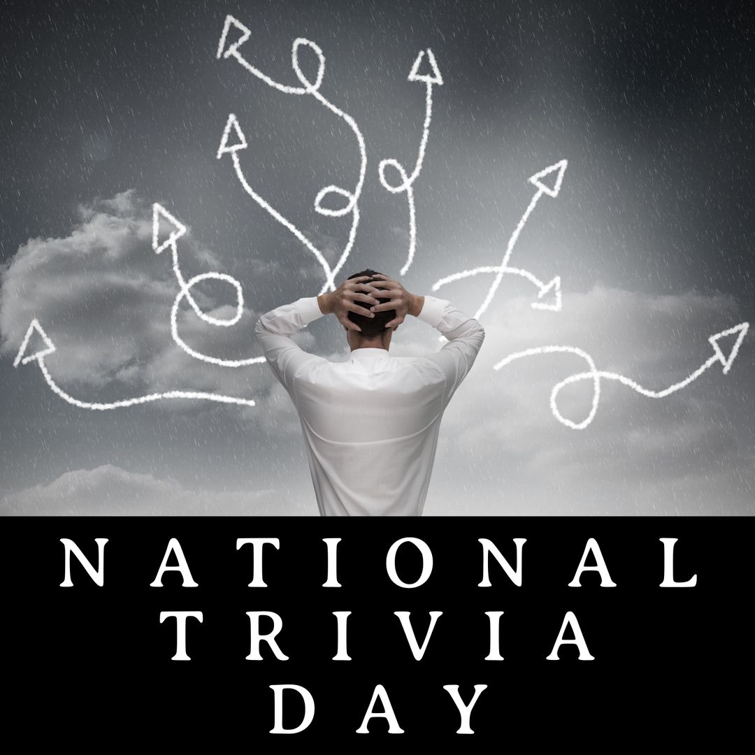 Perplexed Man Surrounded by Diverging Arrows for National Trivia Day