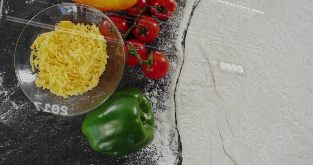 Fresh Ingredient Preparation with Vegetables and Cheese on Flour-Covered Surface
