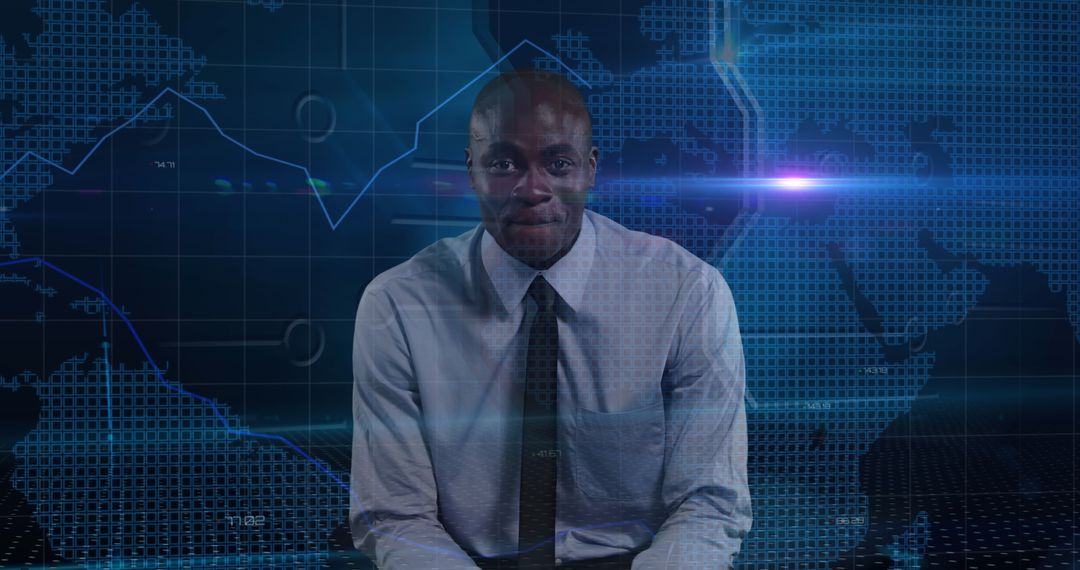 Businessman Speaking in Front of Global Data Projection