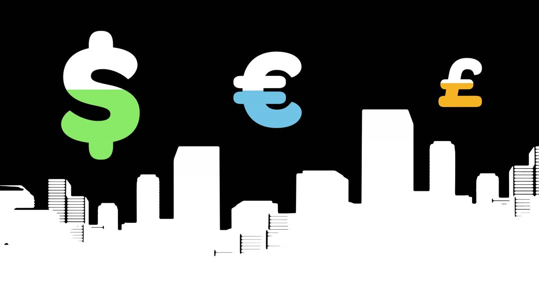 Currency Symbols Over Cityscape Representing Global Business