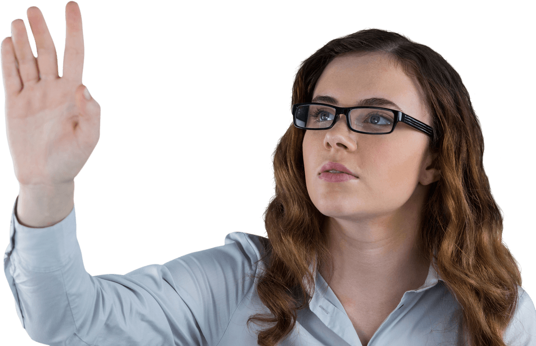 Businesswoman Pointing Focused on Transparent Virtual Interface