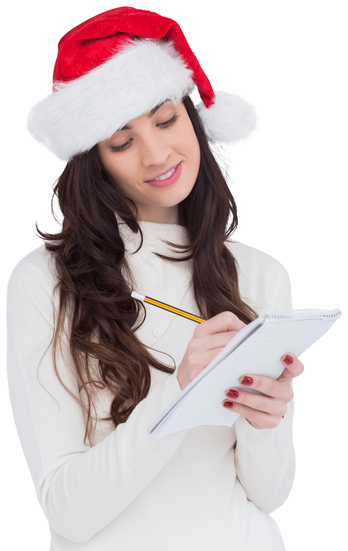 Festive Woman in Santa Hat Writing Christmas List, Transparent Background