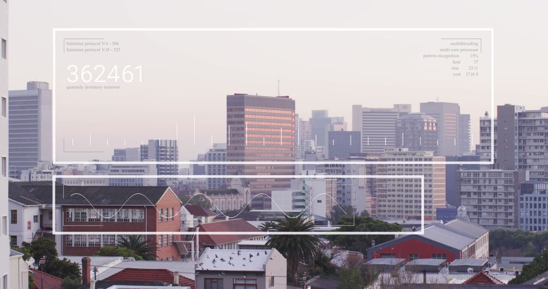 Futuristic Data Processing Interface Over Urban Background