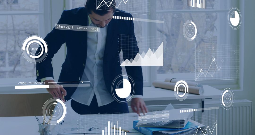 Caucasian Businessman Analyzing Interactive Financial Data in Modern Office