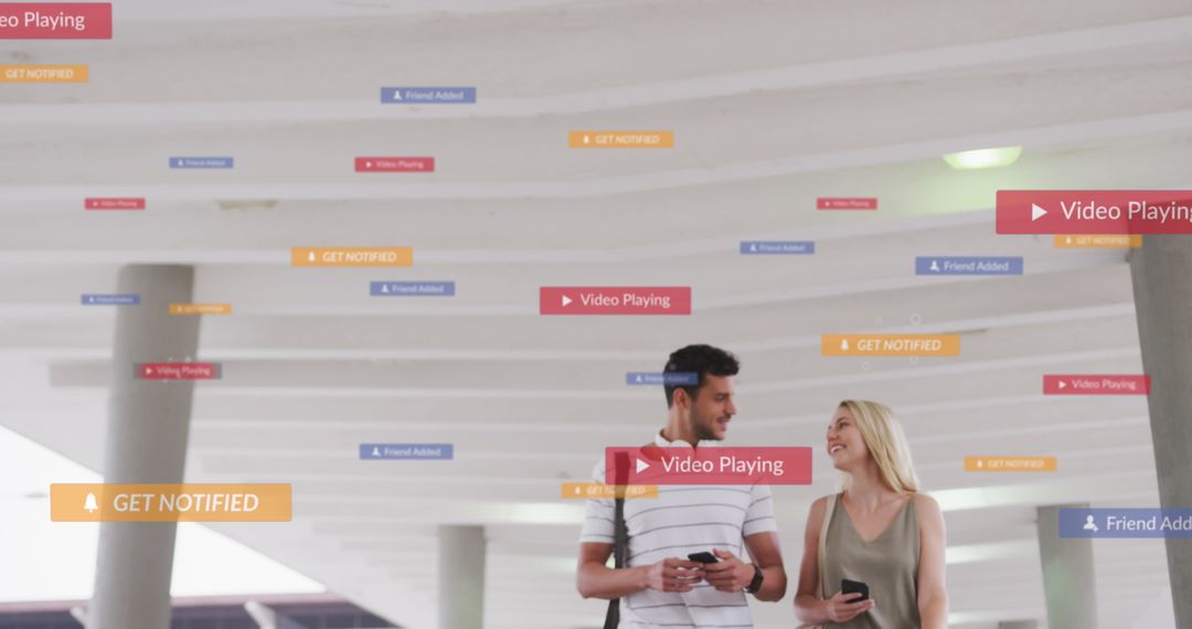 Happy Couple Walking with Social Media Icon Overlays