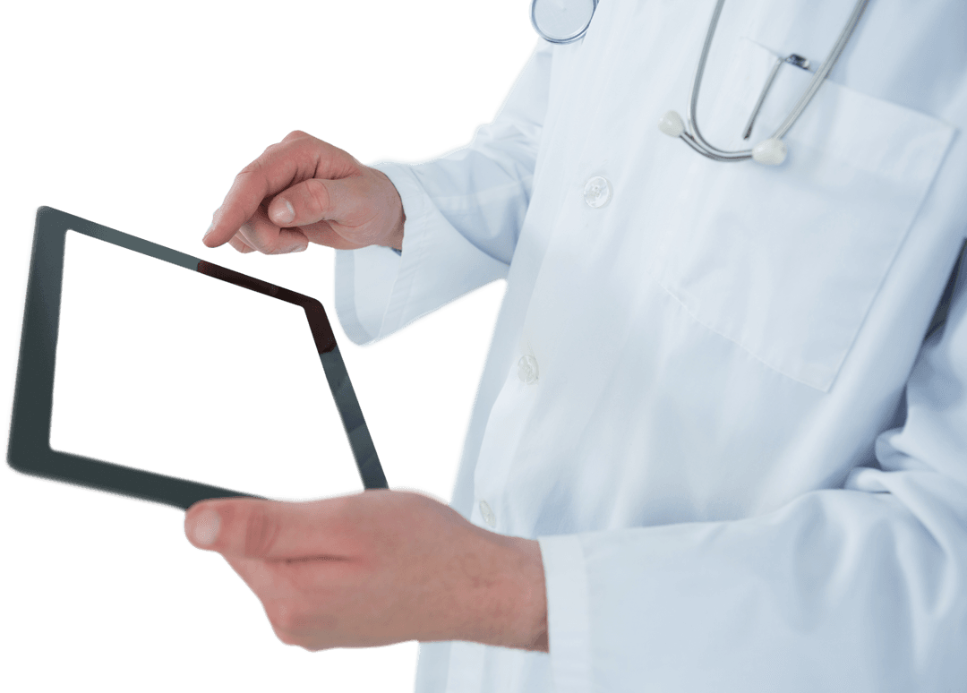 Doctor in White Coat Using Transparent Tablet Technology
