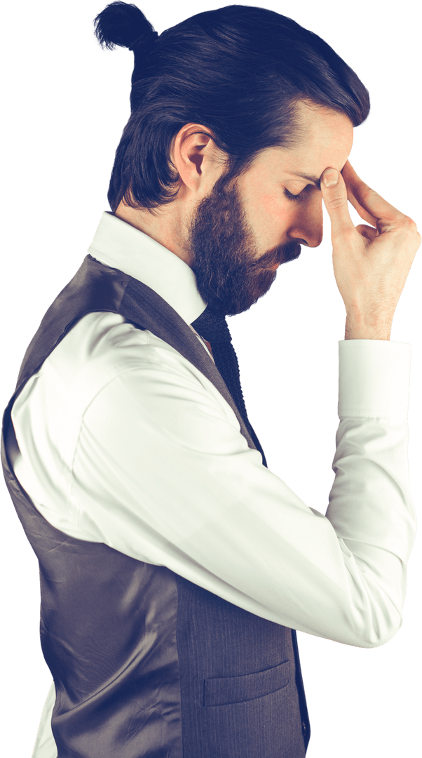 Transparent Stressed Businessman Touching Forehead Conservatively Attired