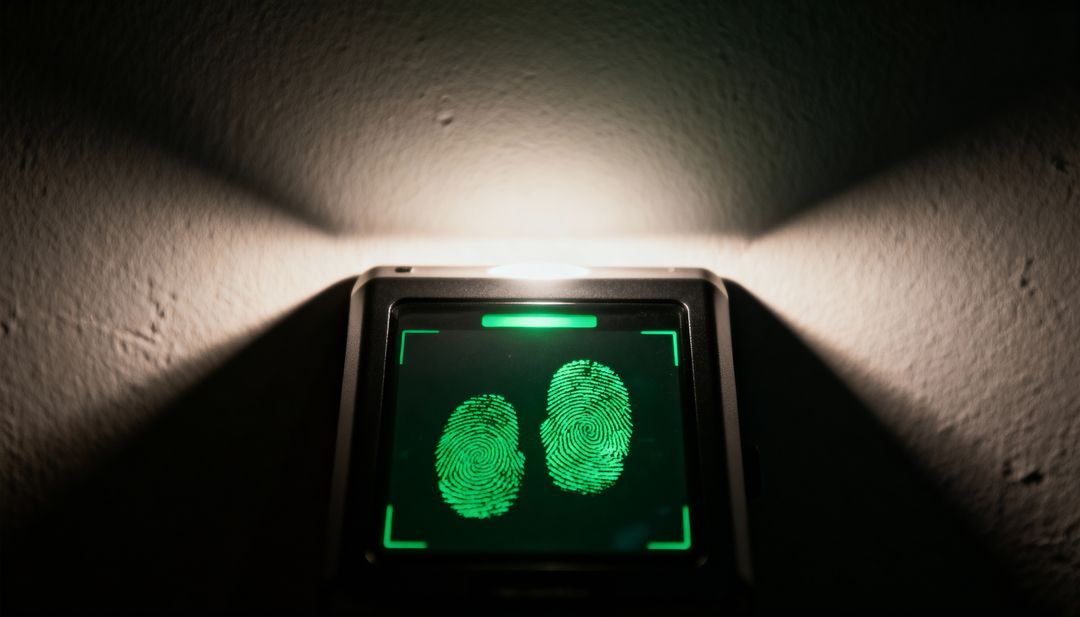 Biometric Fingerprint Scanner Displaying Twin Green Prints and LED Lighting for Secure Access Contro