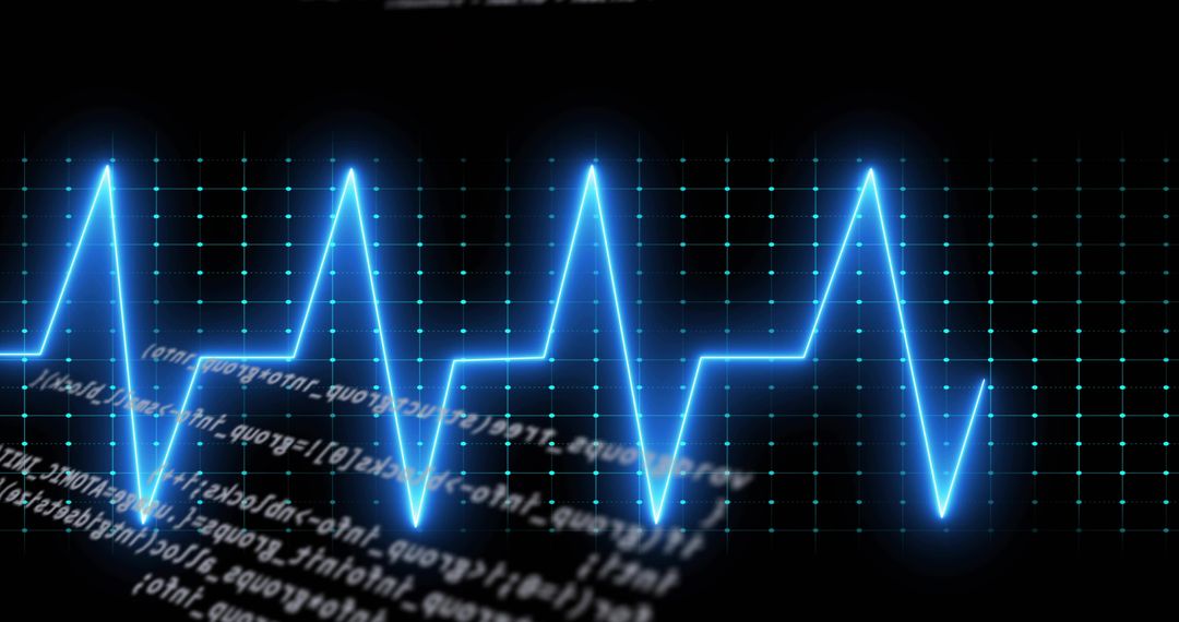 Glowing Neon Waveform Pulsing Across Digital Grid with Code Overlay