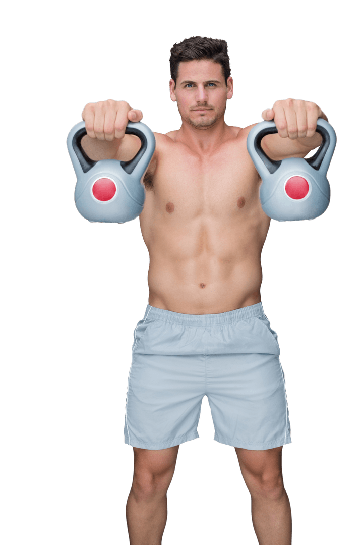 Caucasian Sportsman Lifting Kettlebells on Transparent Background