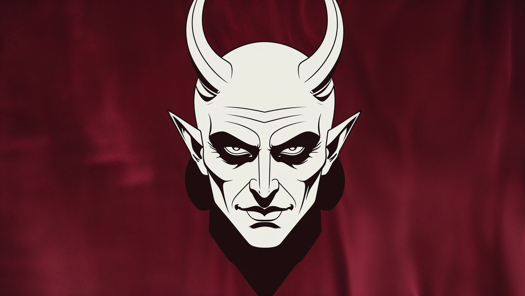 Stylized satan head with horns on burgundy backdrop
