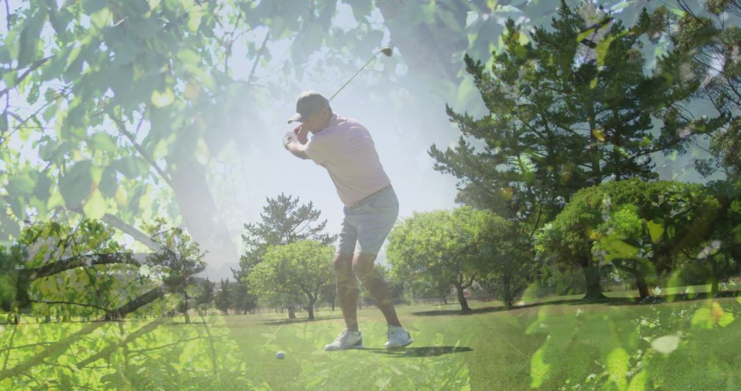 Elderly Golfer at Teeing Ground with Leafy Overlay