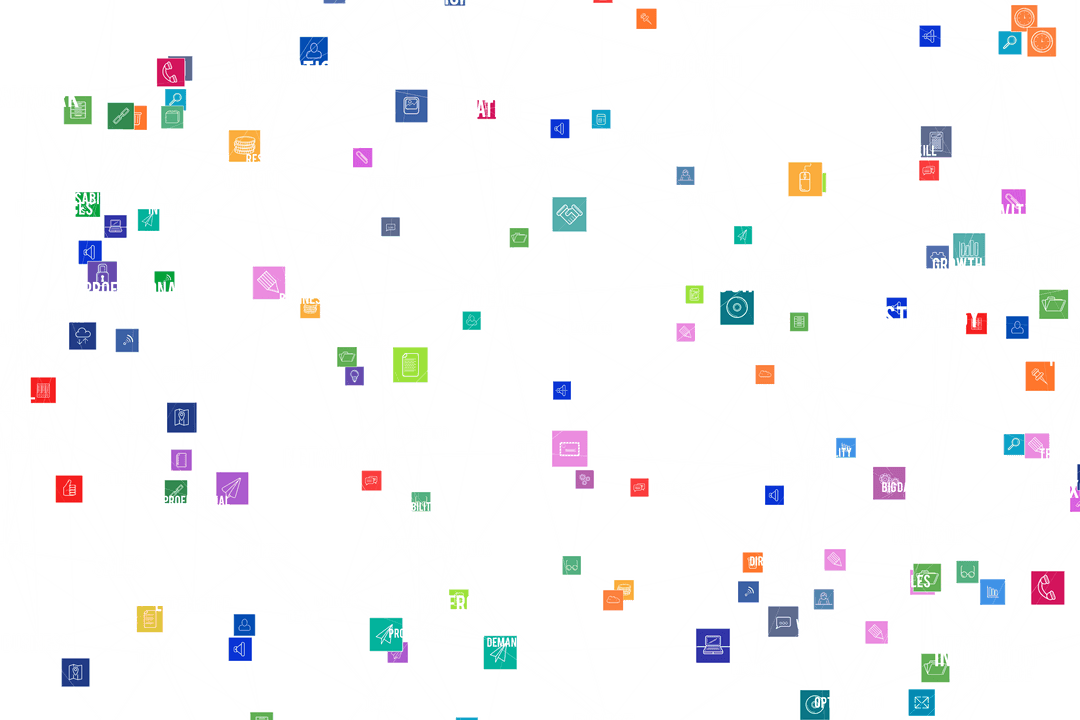 Interconnected network of colorful icons on transparent background