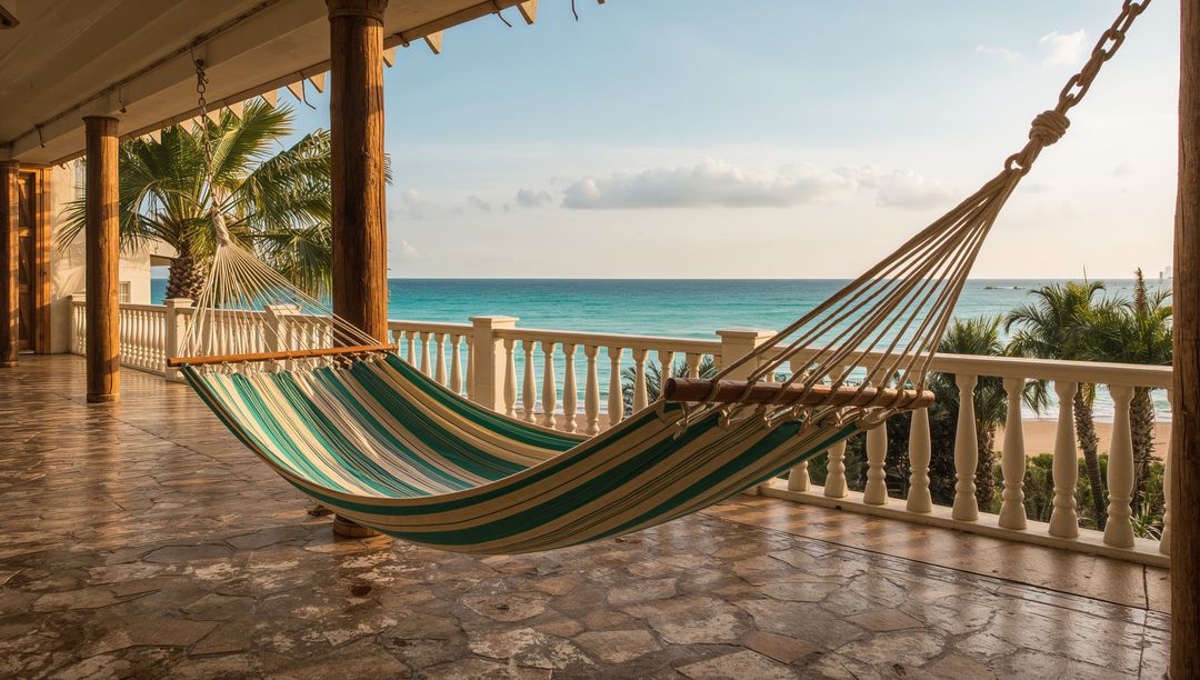 Swaying striped hammock on tropical veranda overlooking turquoise ocean at golden hour