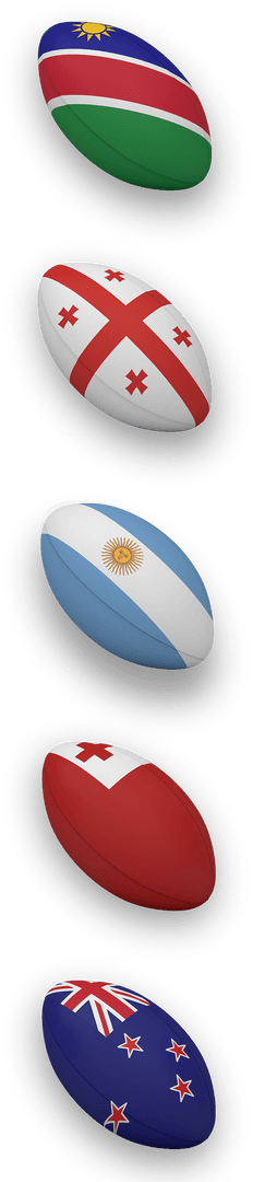 Rugby Balls with Global Flags on Transparent Background