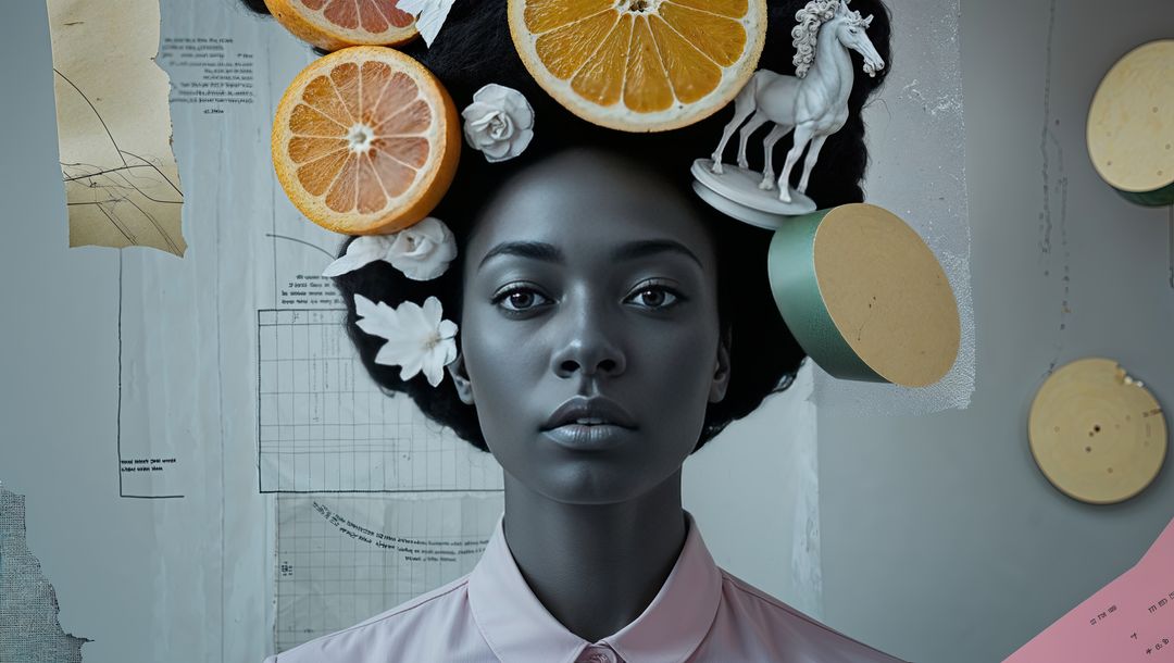 Surreal Artistic Portrait of African American Woman with Citrus and Elements