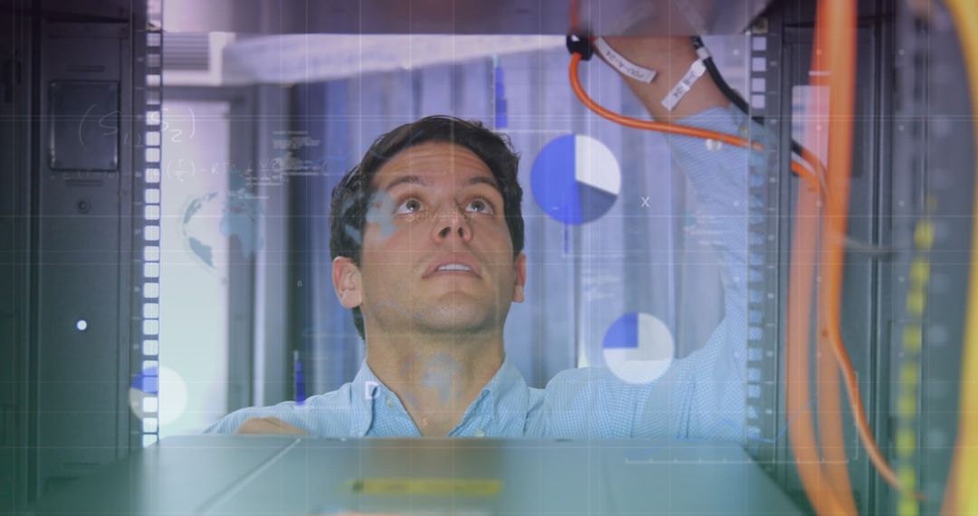 Engineer Managing Server in Data Center with Digital Overlay