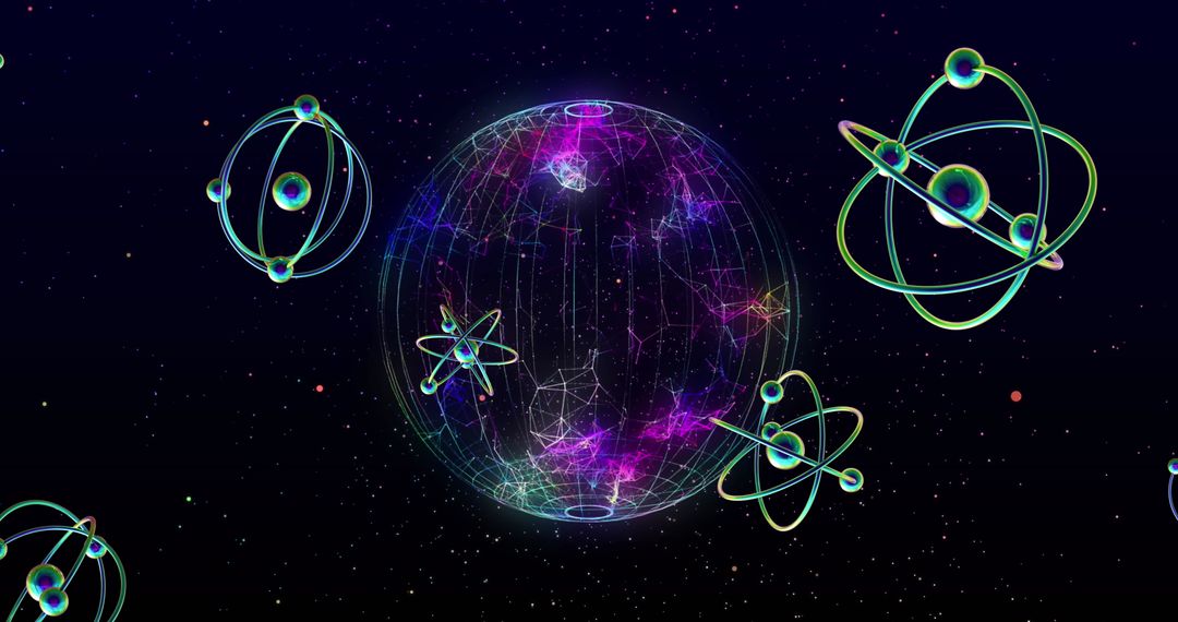 Futuristic Globe with Spinning Atom Models on Black Background