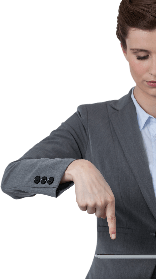 Transparent Businesswoman in Suit Pointing at Blank Space