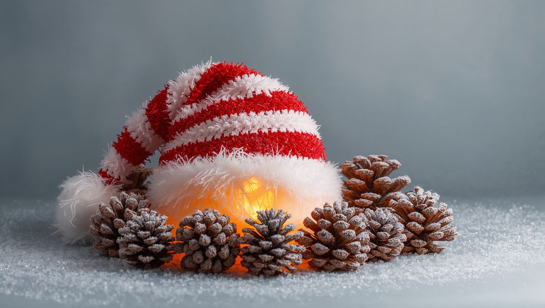 Resting red-white Santa hat hiding warm glow among frosted pinecones on snowy tabletop