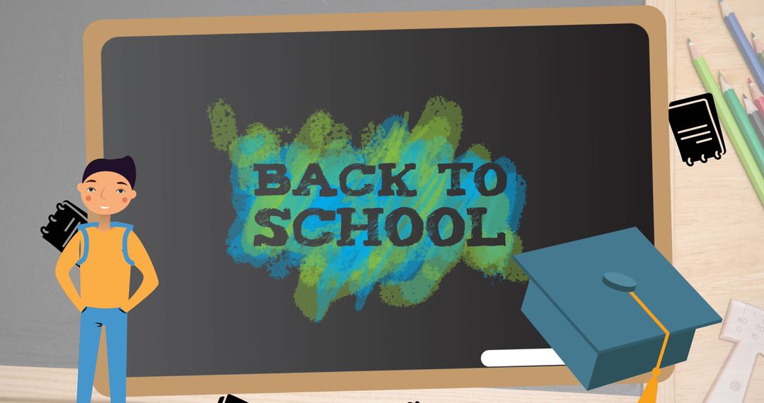 Back to School Text on Chalkboard with School Supplies