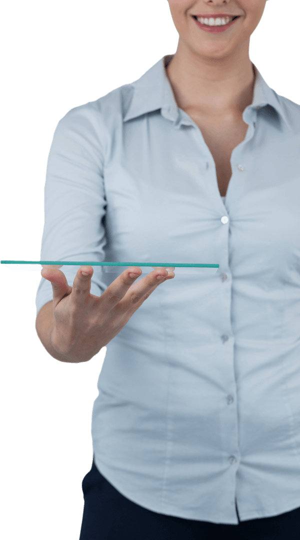 Businesswoman Holding Glass Transparent Frame with Open Palm