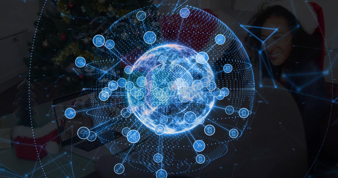 Futuristic Holographic Network Sphere in Festive Home Office