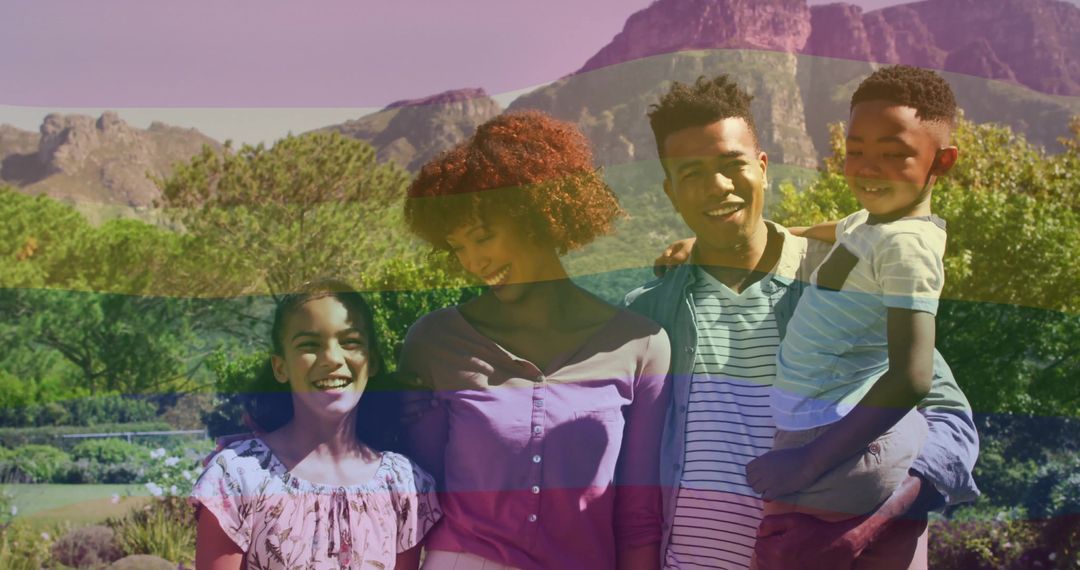 Diverse Family Enjoying Time in Scenic Garden with Mountain View