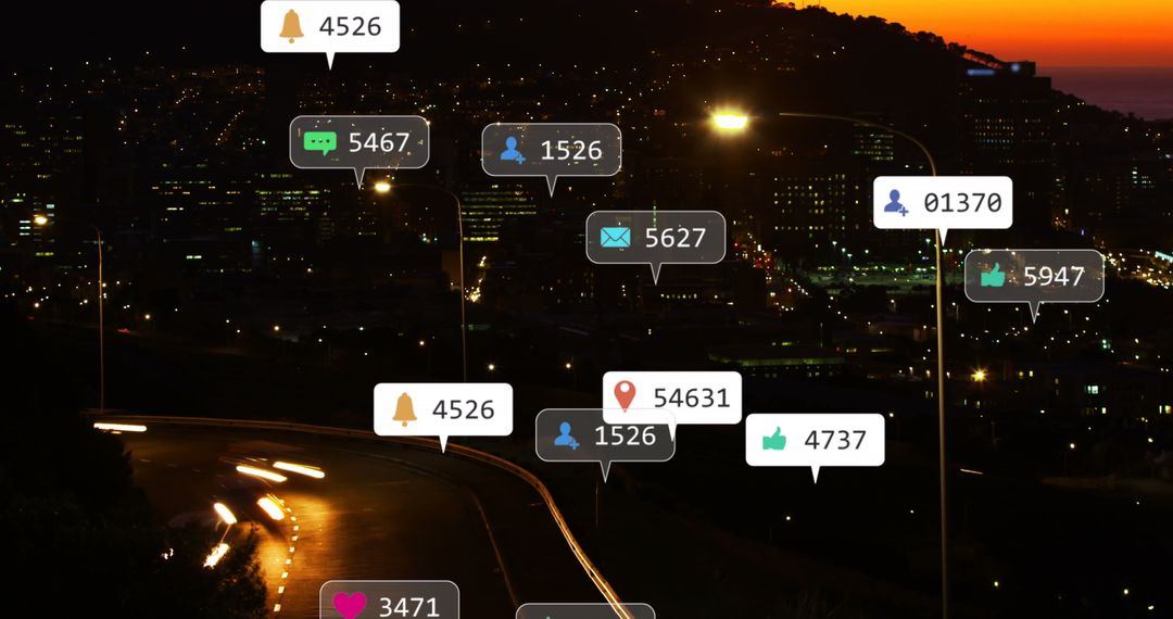 Social Media Interaction Icons Over City Traffic at Night