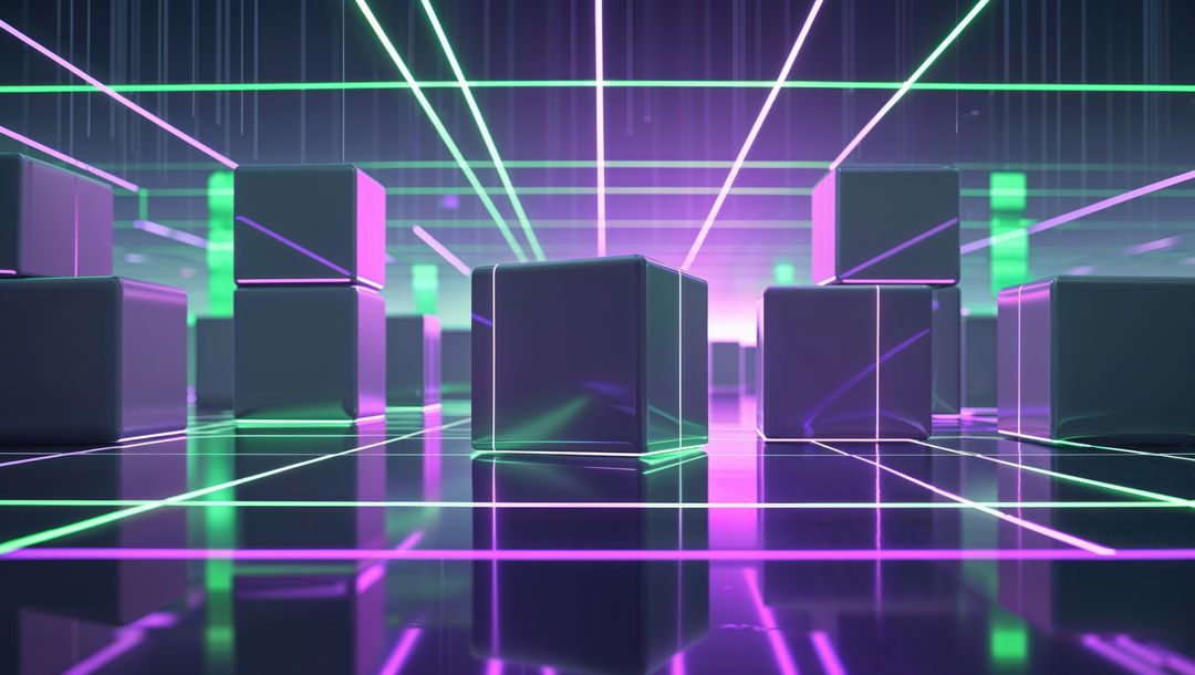 Futuristic Dark Cube in Neon Grid Space with Glowing Lights