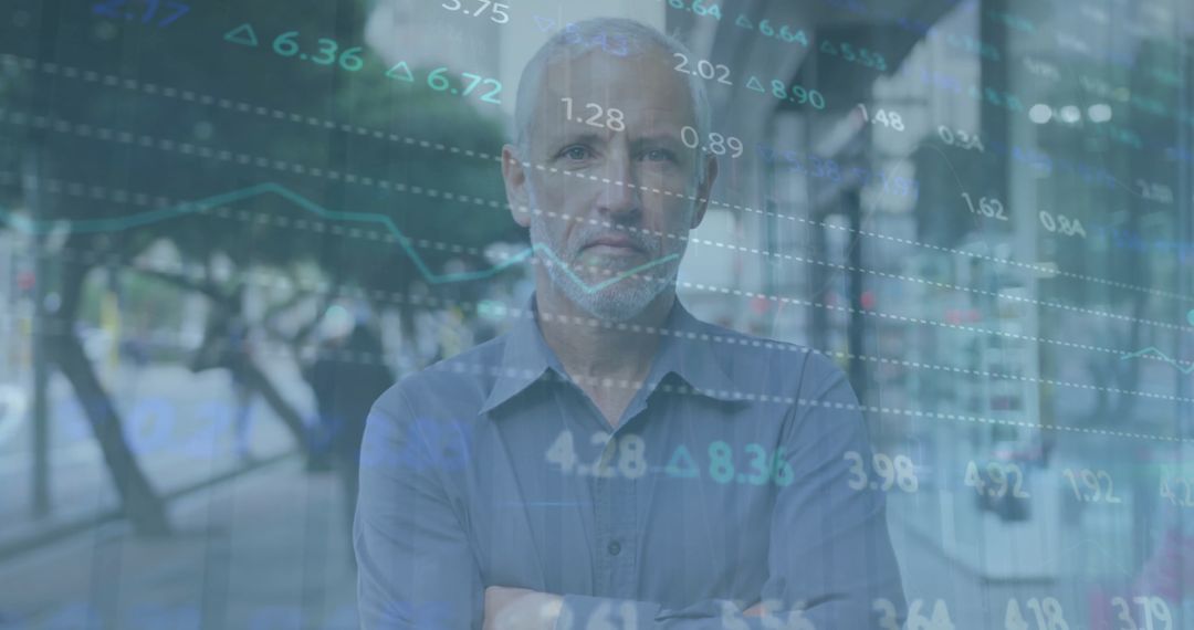 Businessman's Determined Expression Amidst Financial Data Projections
